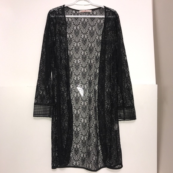Passion Black Floral Net Nylon Open Maxi Cardigan - Picture 9 of 11